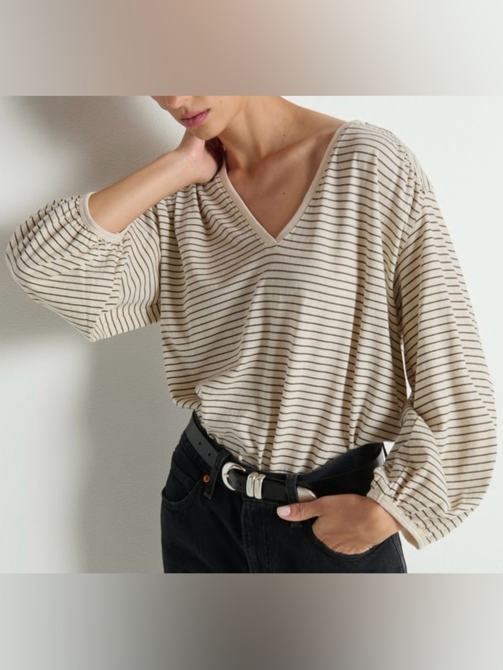NWT Nation LTD Savanna Shirred Top XS Espresso Pinstripe Organic Cotton Blouse